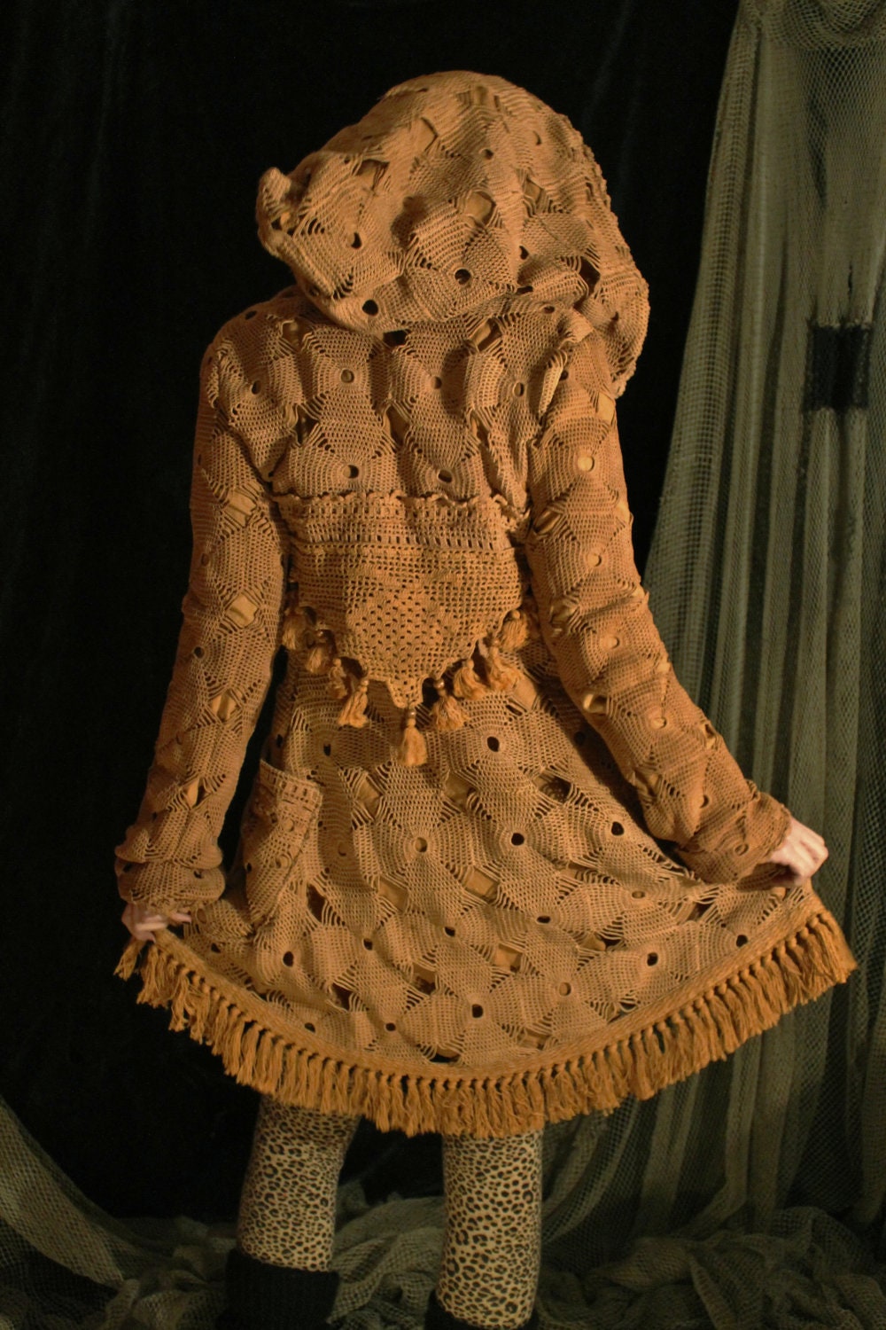 SALE my dearest Vulpes Vulpes -dusty rose mocha coat jacket  cotton crochet lace and  cotton lining big hood tassels fringes