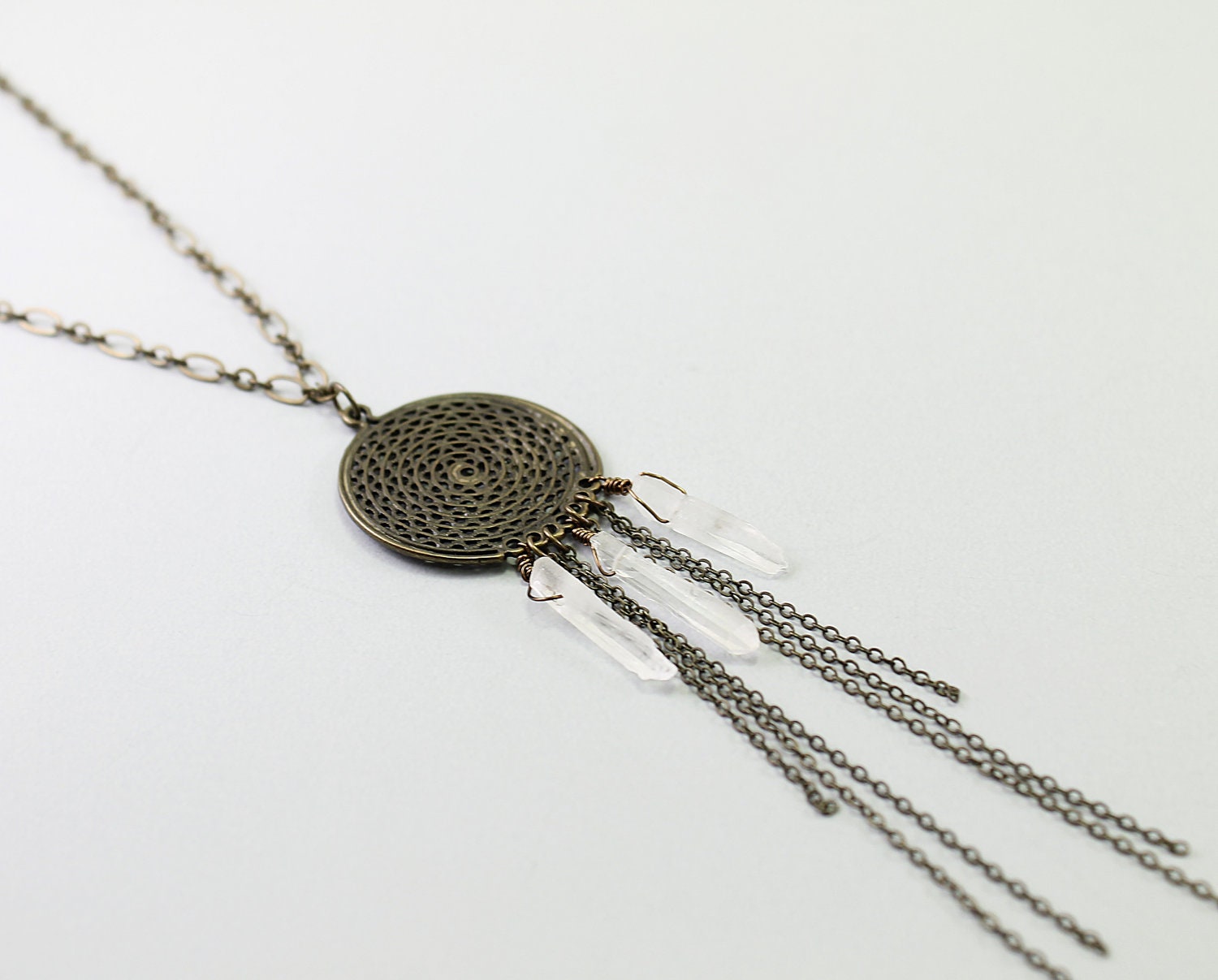 Metal necklace: rough quartz necklace brass necklace raw clear crystal Gypsy rustic native American inspired boho