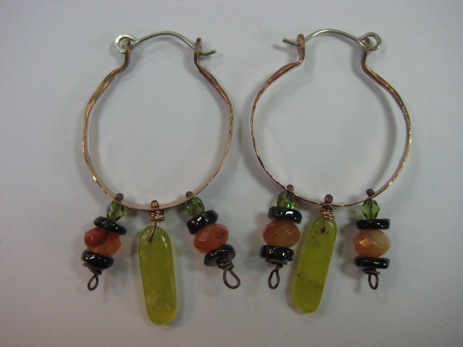 Copper Boho Hoops with Green Agate and Carnelian and Garnet Dangles