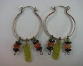 Copper Boho Hoops with Green Agate and Carnelian and Garnet Dangles