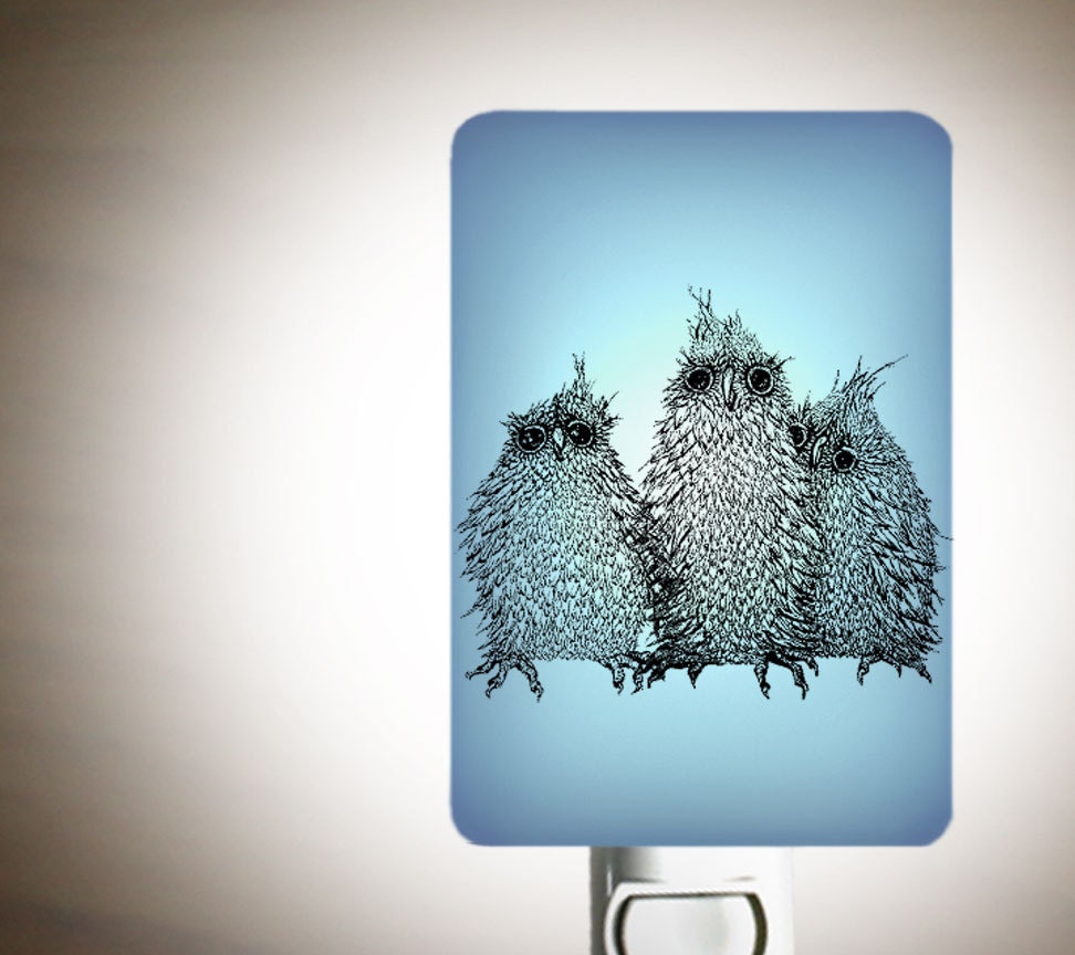 Baby Owls Nightlight on Powder Blue Fused Glass Night Light - Gift for Baby Shower or Nature Lover - Cute Owlets - pastel blue