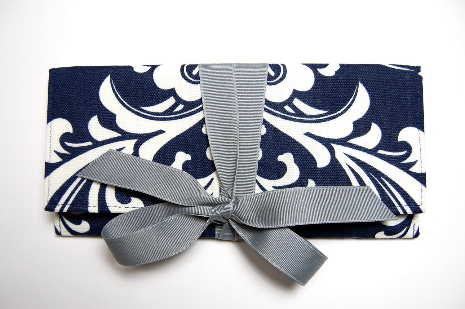 Navy ALEXIS Clutch with gray and ivory.