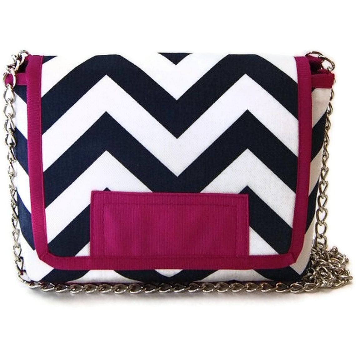 MAROL Cross body in navy and white chevron with fuchsia pink