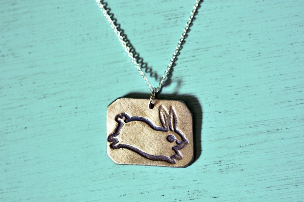 Handmade RABBIT NECKLACE - animal jewelry by boygirlparty - bunny rabbit pendant - white bronze (silver colored)