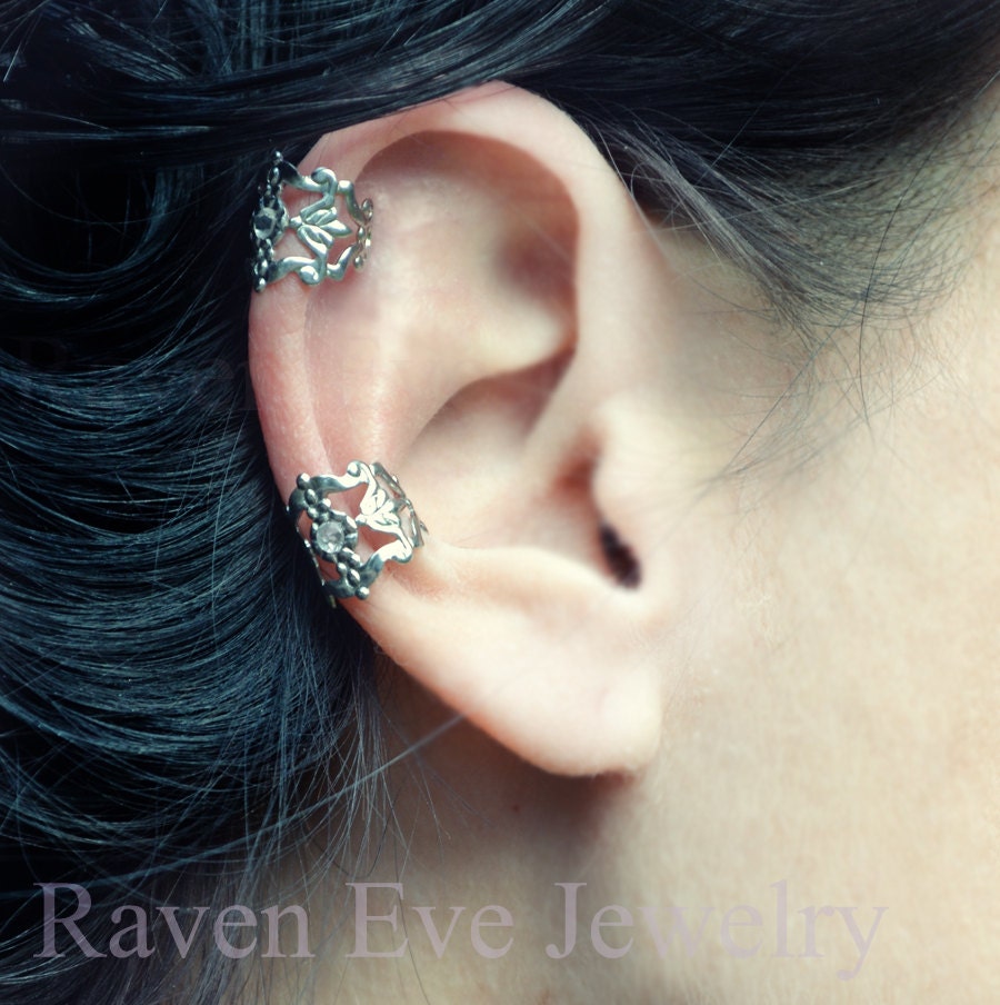 Filigree Ear Cuff Gothic Silver Tone Crystal stone accent Earring No Pierce non pierced two piece set