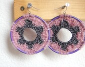 Purple Pink Grey. Large colorful crochet hoopearrings. Bohemian. Patterned. Repurposed bangle. Upcycle.