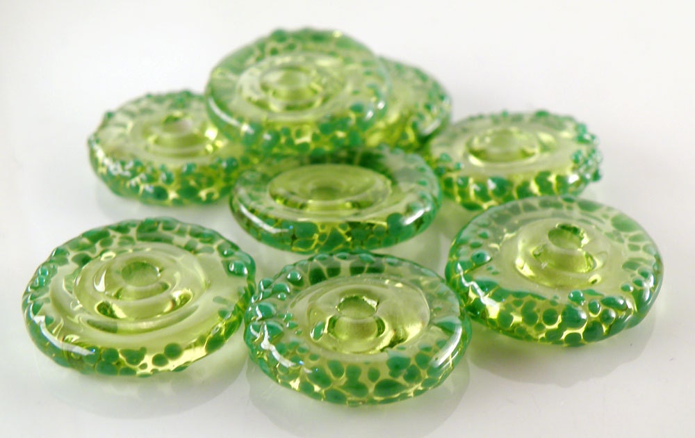 Green Apple - Handmade Artisan Lampwork Glass Disc Beads 20mmx5mm - Green, Yellow - SRA (Set of 8 Beads)