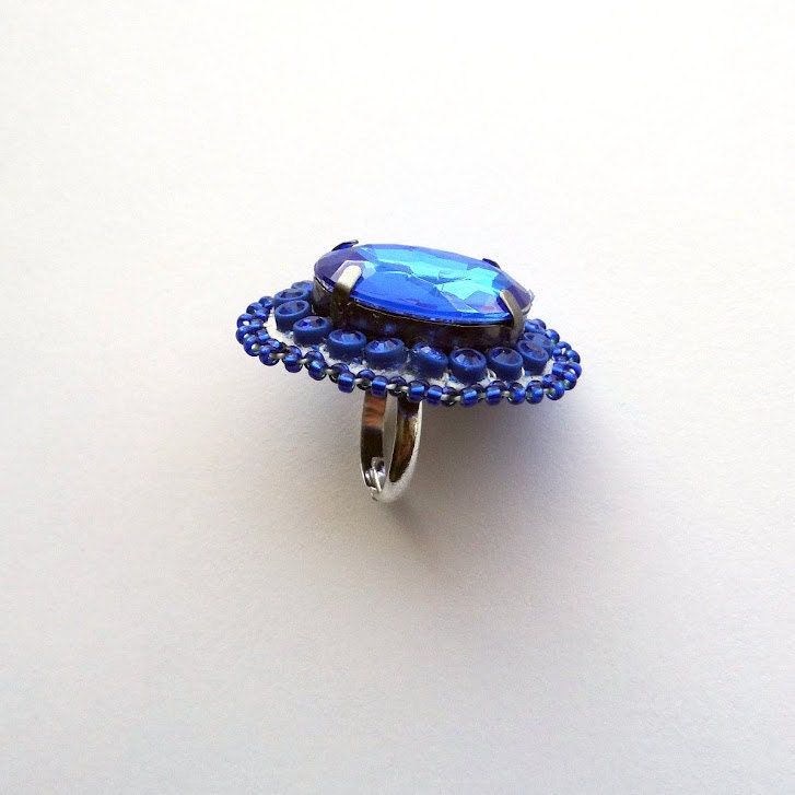 Royal Blue Beaded Adjustable Ring
