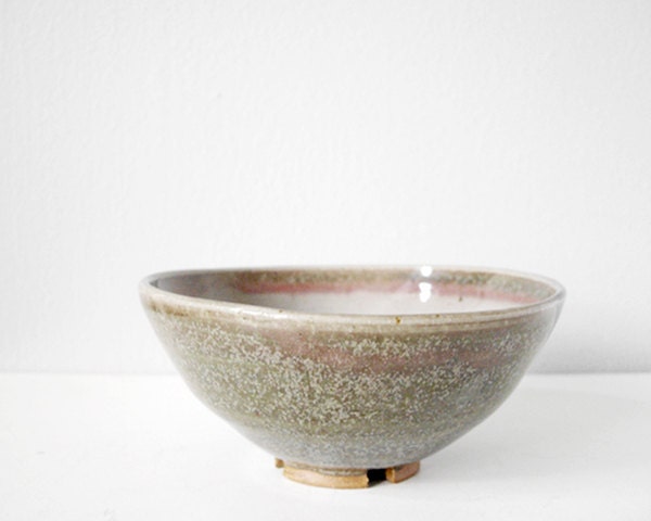 Beautiful bowl green pink grey pottery with carved foot - handmade modern ceramic dish