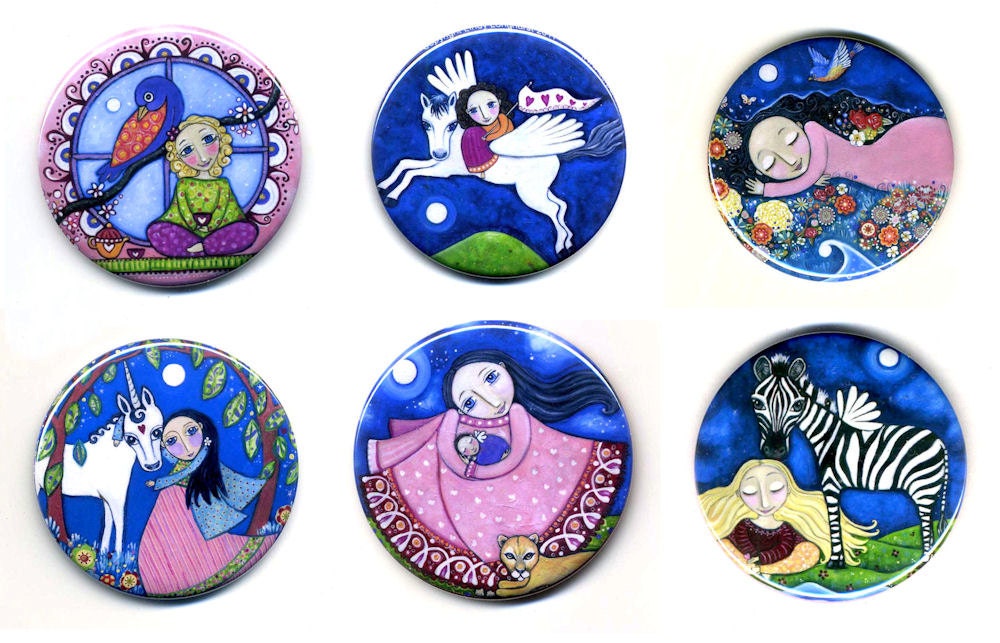 Set of 6 Pocket Mirrors - stocking stuffers whimsical folk art girls gift birthday party favors favours