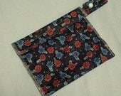 cloth wipe travel bag, red & blue flowers on black
