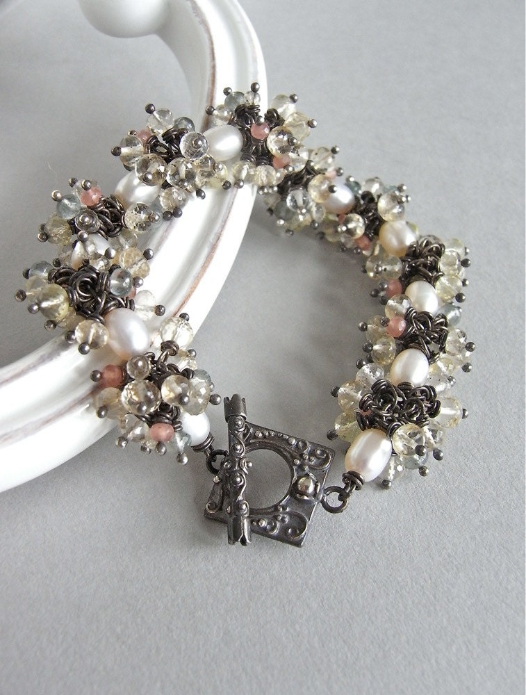 Bracelet - freshwater pearl, scapolite, lemon quartz, rhodonite, moss aquamarine, golden rutile, sterling silver oxidised - Watercolour