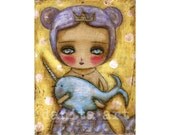Narwhal Love  - Giclee Reproduction from Original Mixed Media Mermaid Collage Painting By Danita Art - (8x10 INCHES Paper Print)