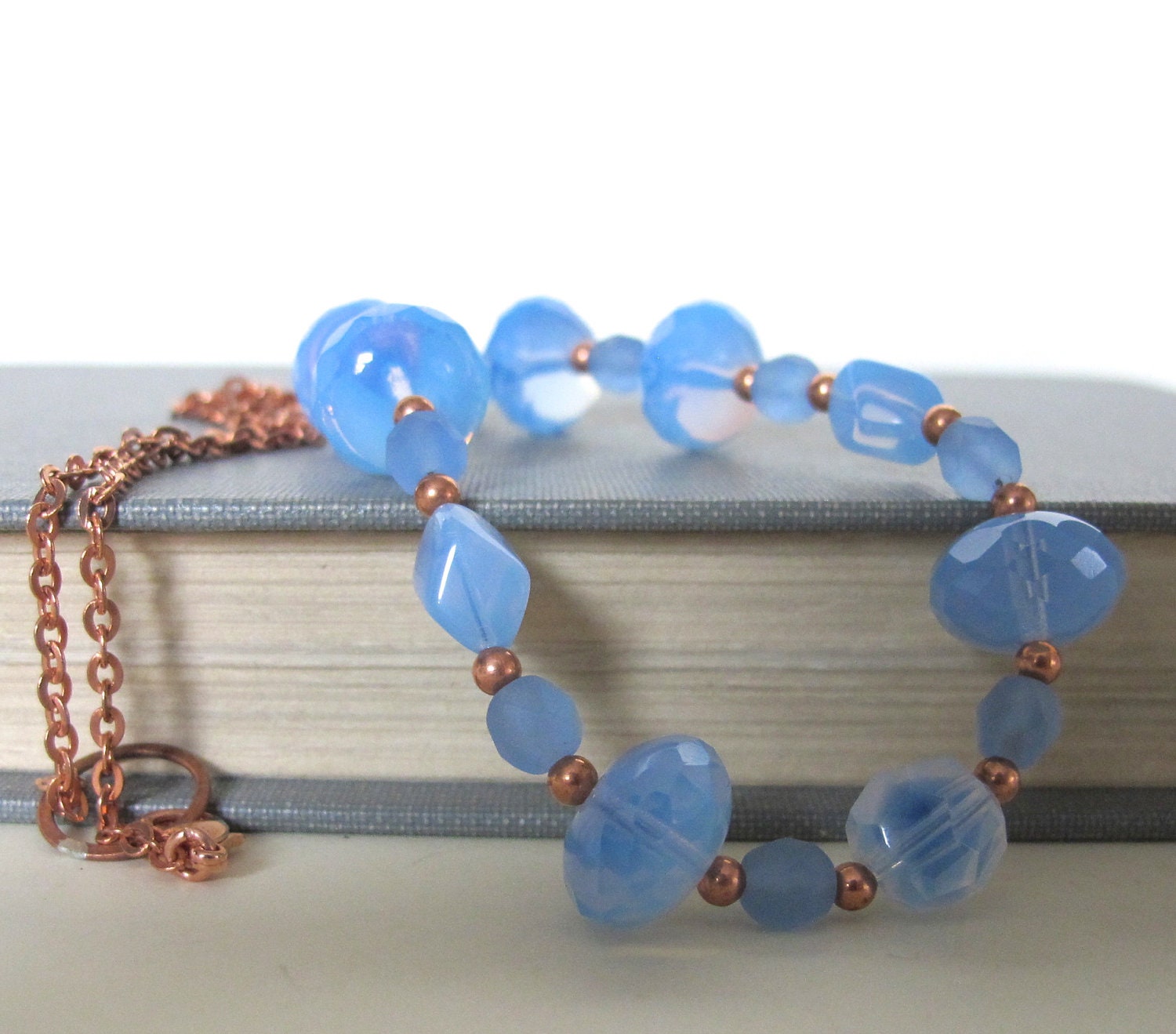 Sky Blue Necklace, Copper Necklace, Copper Chain, Copper Jewelry, Frosted Blue, Sapphire Blue Glass, Beaded Necklace