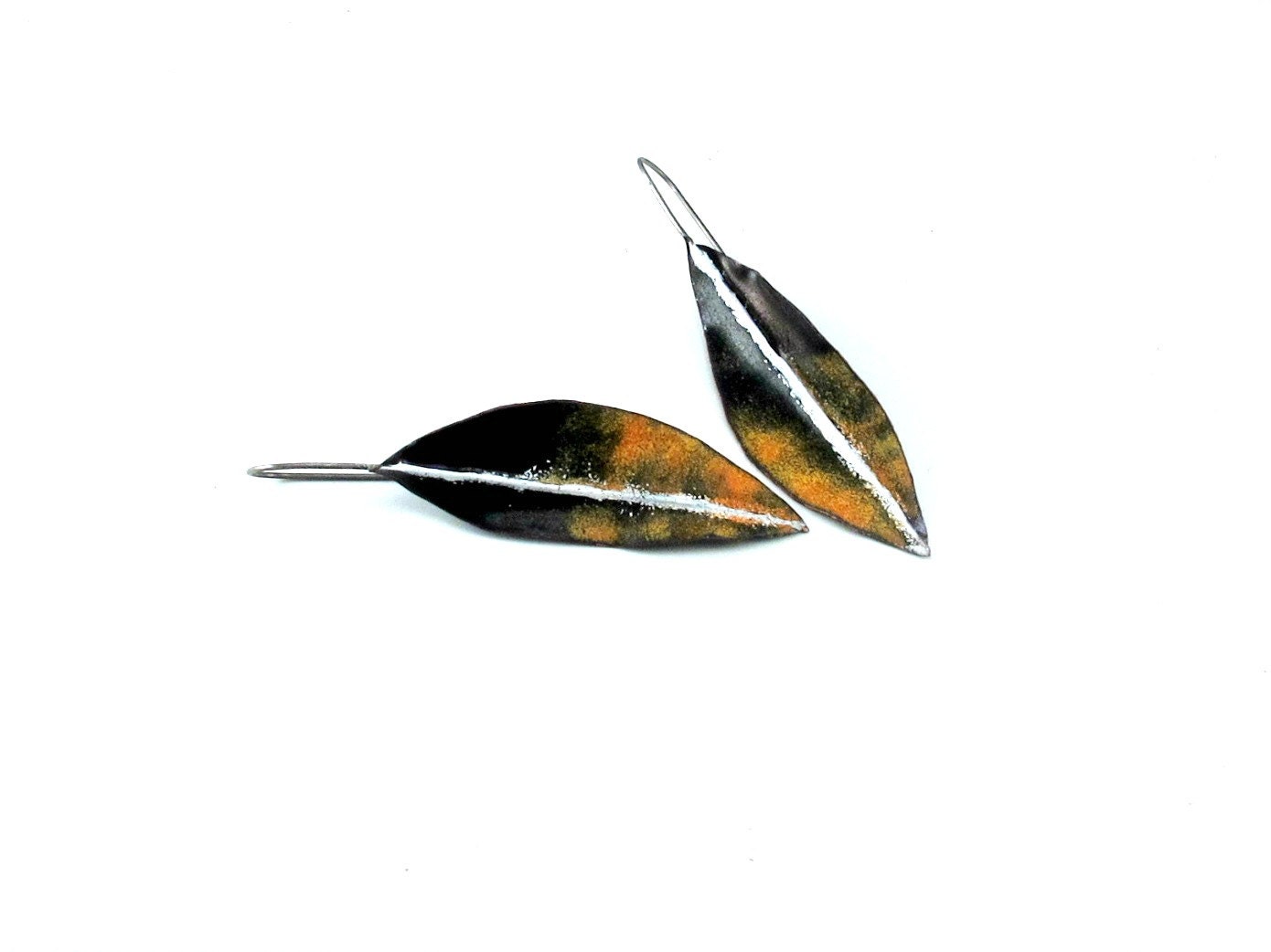 Feather Earrings - Sterling Silver and Enameled Copper - OOAK