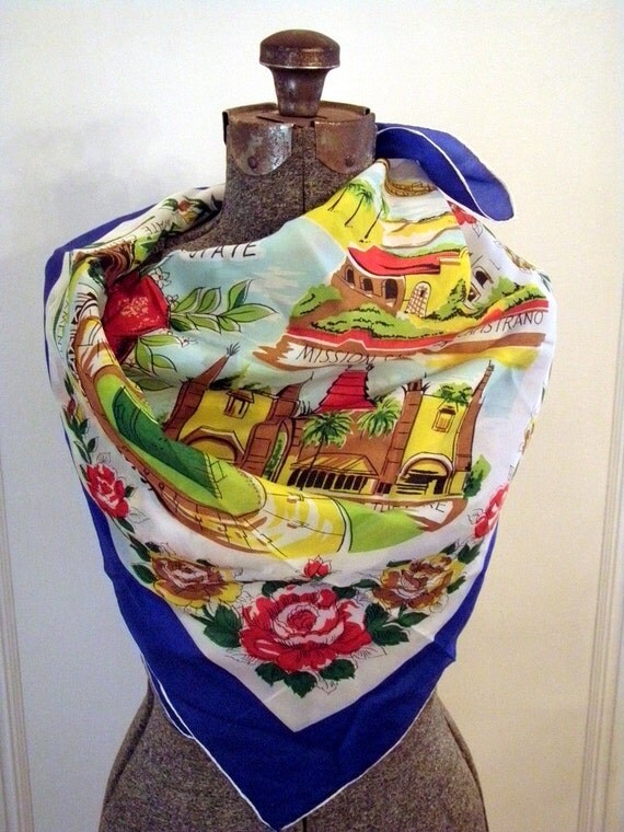 Vintage California Souvenir Scarf 1950s Silk Rayon Travel Scarf - Blue Red Yellow Green Aqua Brown Large Scarf