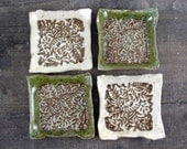 Handmade Pottery Square Plates - Flowers and Vines - Wabi Sabi Style - White, Green, and Rust - Snack or Prep
