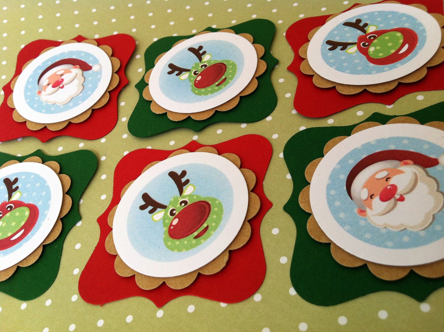 Santa Claus and Reindeers Merry Christmas Handmade Tags Set of 6, Red, Green, Scrapbooking / Card Making / Gift Packaging Supplies