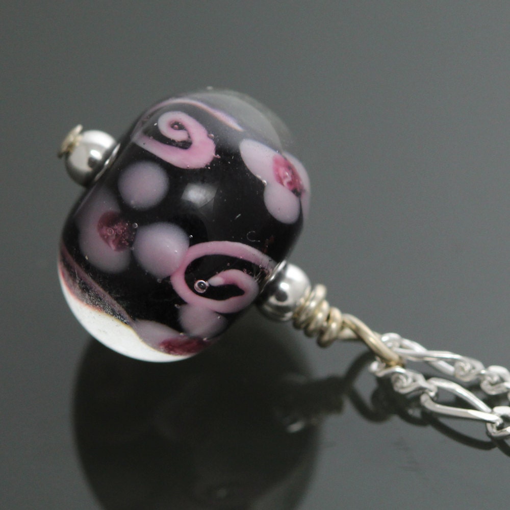 CLEARANCE Lampwork Glass Pendant on a Sterling Silver Chain - Black with Pink Flowers - s10n002