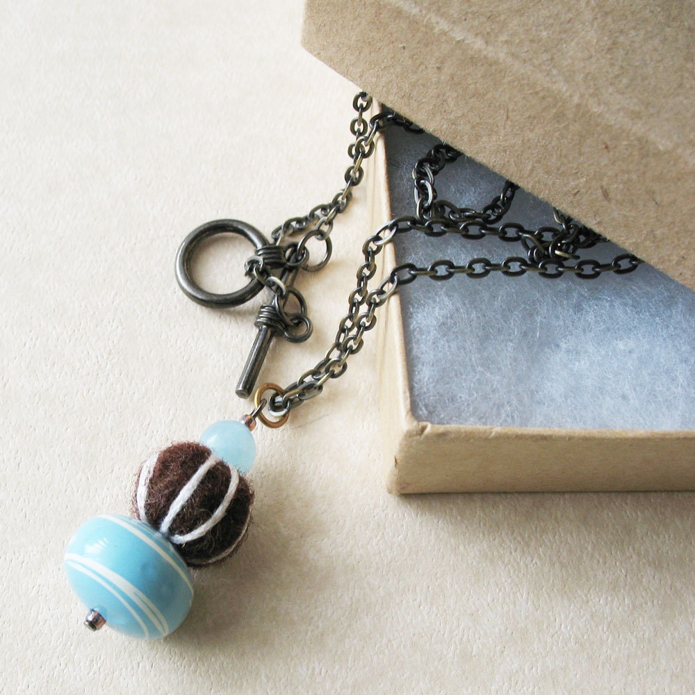 Brown and Blue Felt Beaded Necklace -  Boho Chic Needle Felt