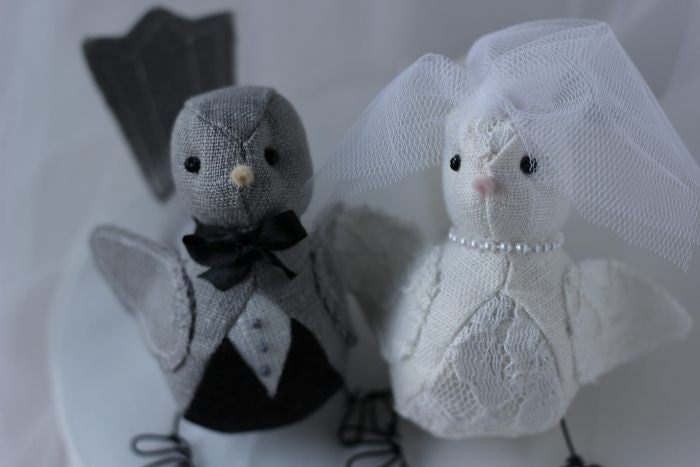 Bird Wedding Cake topper - Wedding cake topper in dark grey  black and Ivory Linen Lace Fabric Custom Order