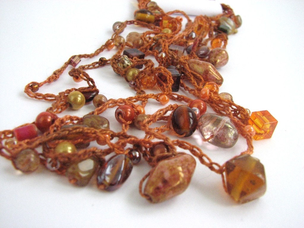 Crochet bead strand necklace, wrap bracelet, Nectarine Spice, orange ginger brown honey gold, glass beads