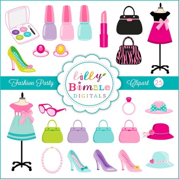 Instant Download Fashionista Party Clipart with Purses, Makeup, Jewelry Commercial Use Included Il_570xn