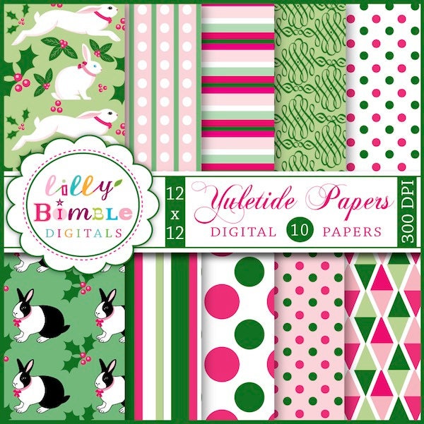 Christmas Digital Papers YULETIDE with rabbits, holly, green, hot pink, rose Il_570xn