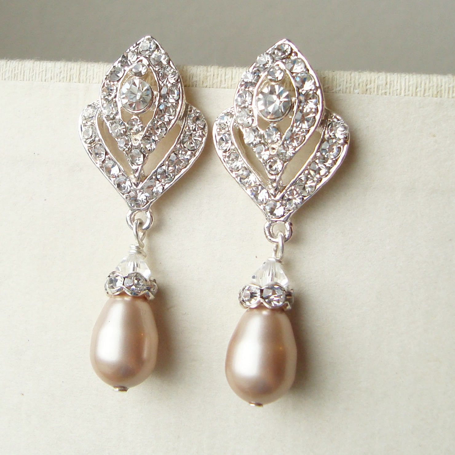 CHAMPAGNE Pearl Wedding Earrings, Vintage Style Bridal Earrings, Art Deco Style Champagne Pearl Earrings, Rhinestone Earrings, IVANA