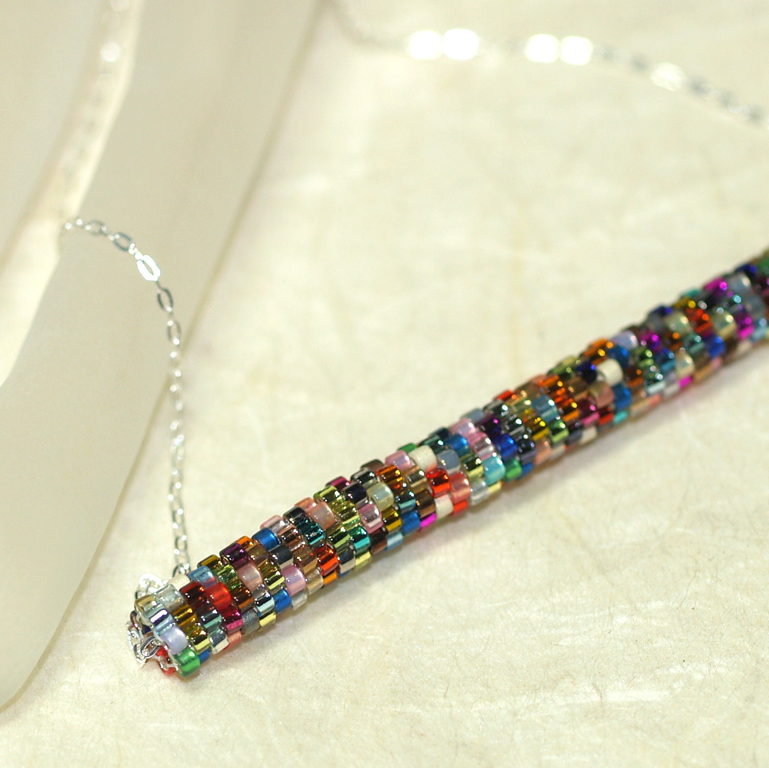 Metallica Tube ... Pendant . Necklace . Peyote . Tubular . Multicolor . Fun . Colorful . Sterling Silver Chain . Simple Style