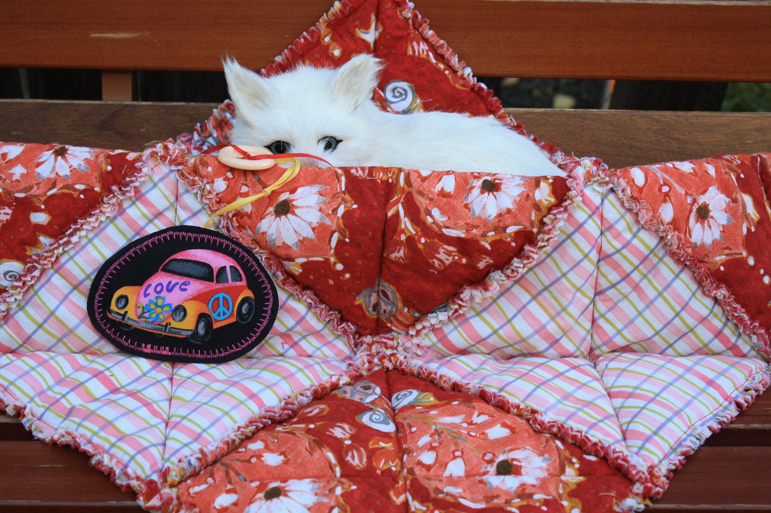 Cat Blanket In Rose Colored Plaid With White Flowers