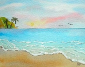 Hawaiian Sunrise SFA 4x6 ORIGINAL watercolor ocean beach tropical painting by M. Pruitt EBSQ