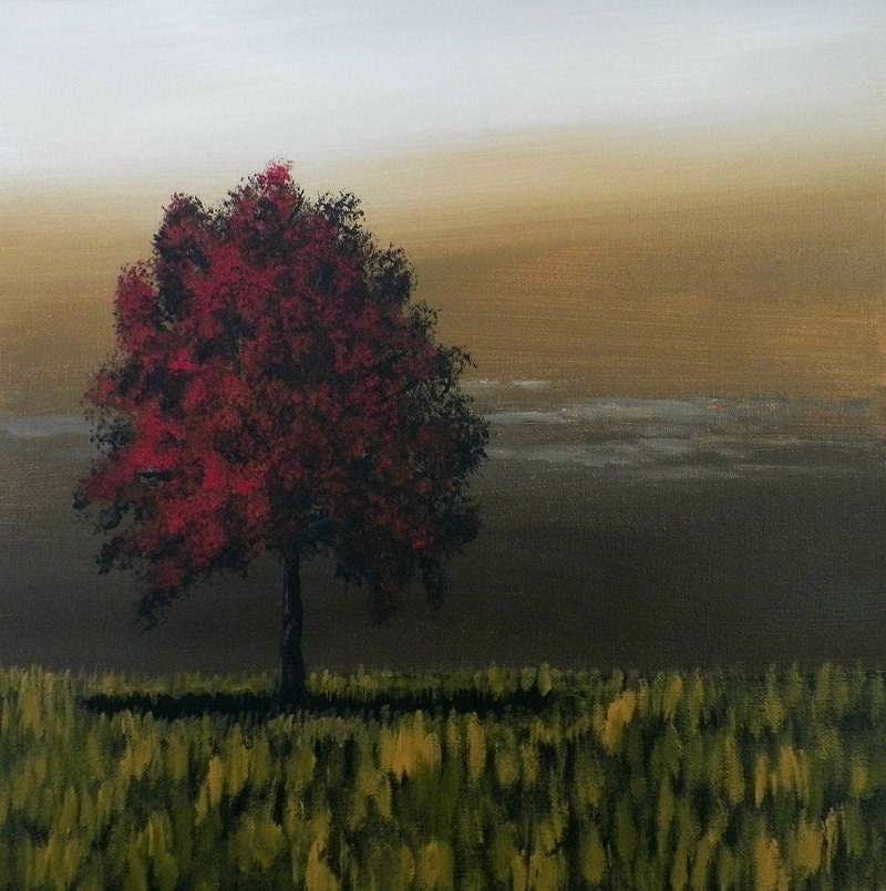 A Walk in the Storm Red Tree  Landscape Original Painting 12 x 12 by Artist Debra Alouise