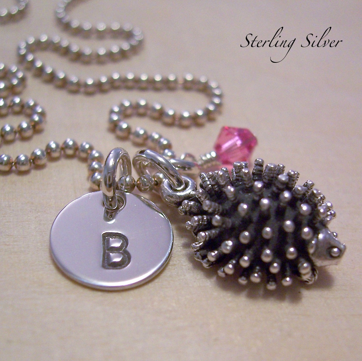 Personalized Jewelry - Hedgehog Charm Necklace - Hand Stamped Sterling Silver Initial Necklace - Custom Made