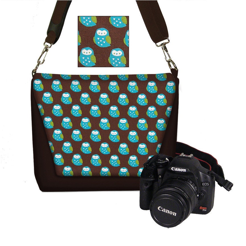 Digital SLR Camera Bag Dslr Camera Bag Purse Womens Camera Bag Case Zipper Padded   - Deluxe Kokka Cute Owl blue brown green (RTS)