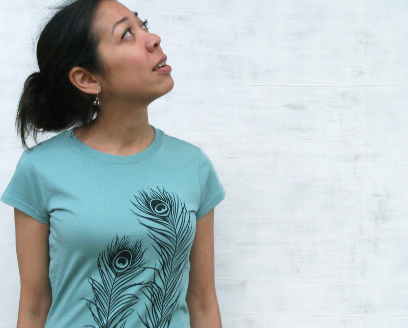 Womens T shirt with Peacock Feathers - Organic Cotton - Turquoise Blue - S M L XL