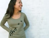 Womens Tshirt with Flying Swallow -  Long sleeve Scoop Neck Moss Green - Organic Cotton - SALE 15% OFF