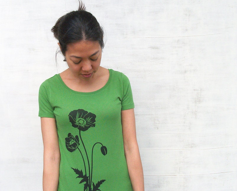 Womens T shirt  - Green Poppies - Organic Cotton - S M L XL