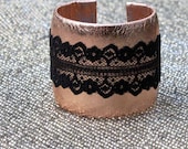 Rose gold metallic leather cuff bracelet with black lace overlay - adjustable