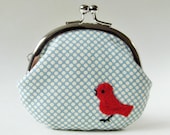 Coin purse red bird on pale blue polka dots - oktak