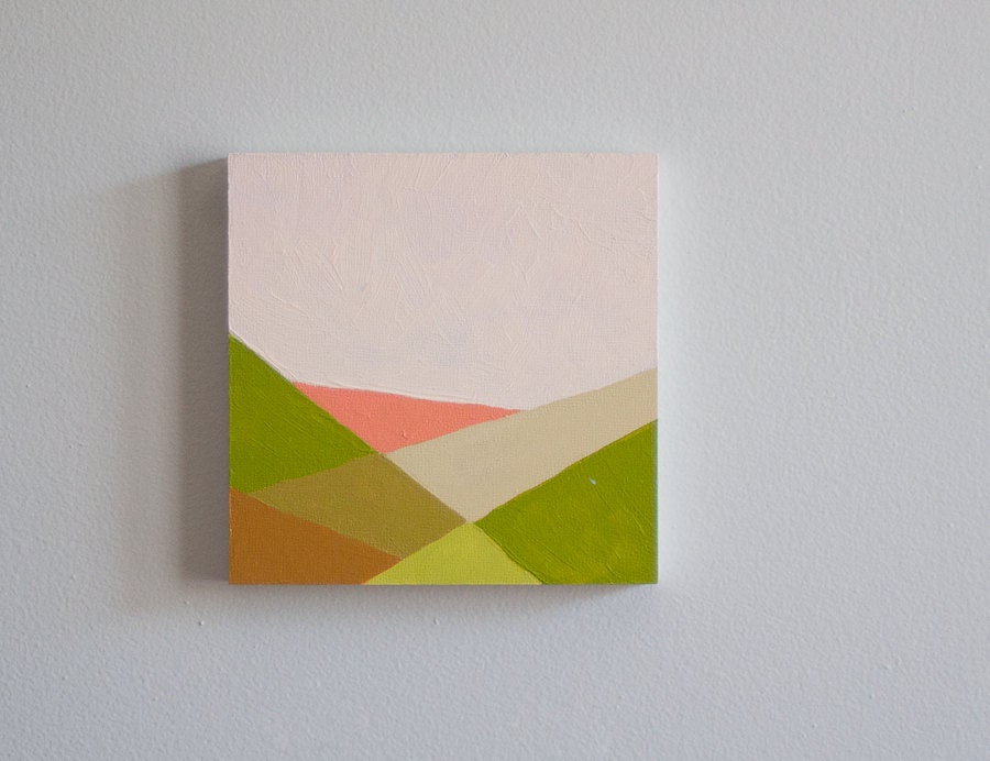 6x6 Original Acrylic Abstract Landscape Painting / Hillside / Green / Coral / Peach / Moss