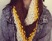 Striped chunky knit cowl scarf in recycled cream yellow brown wool