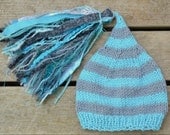 NeWBoRN Baby Boy Girl Hat PHoTO ProP Super Tassel Knit CHuCkles Cap Unigender Aqua Grey stripe w Charcoal INFaNT GiFt ReADY to SHiP