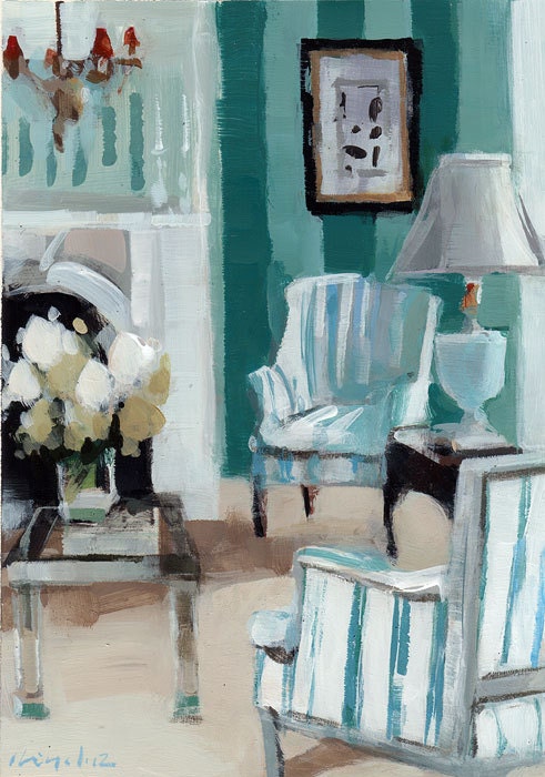 Art Print Living Room French Blue Interior 9x12 on 11x14 - Blue Stripes by David Lloyd