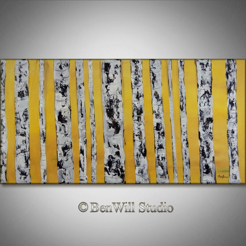 BIRCH Tree Painting ORIGINAL Birch Forest Landscape Yellow Gray White - LARGE Fine Art Oil Painting 48x24 by BenWill