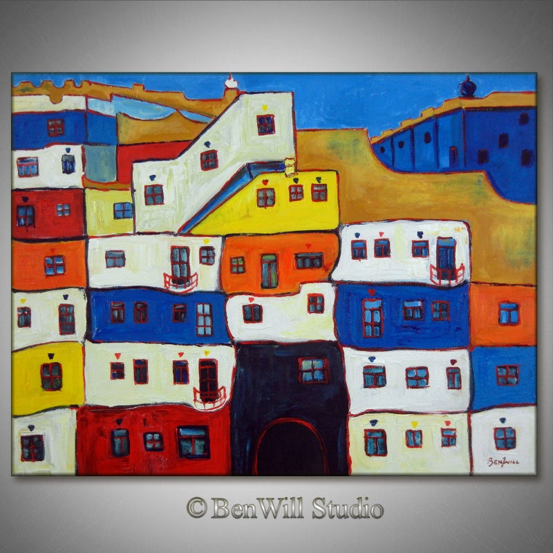 ORIGINAL Contemporary Art VIENNA Austria Modern Painting HUNDERTWASSER Colorful Blue White Yellow Architecture Art 36x28 by BenWill