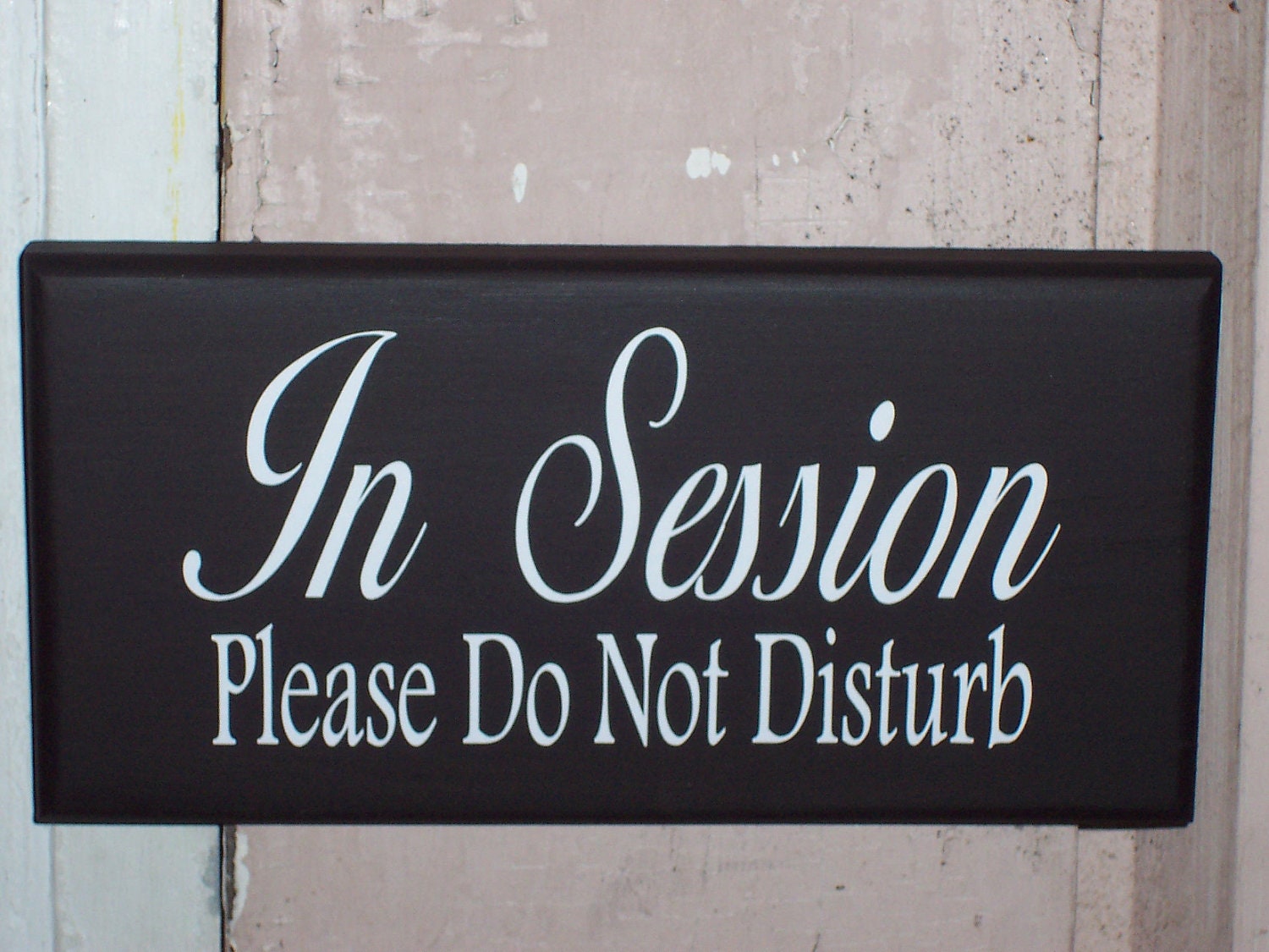 Whimsical Shabby Cottage Wood Vinyl Sign With Ribbon - In Session Please Do Not Disturb