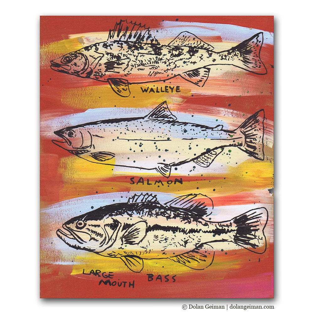 Fishing Lodge Wall Decor, Fish Painting with Salmon Walleye Bass by Dolan Geiman