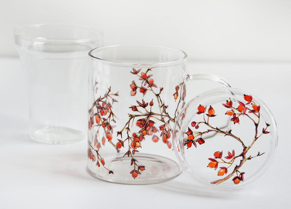 Glass Lidded Mug with Infuser - Winter Berries