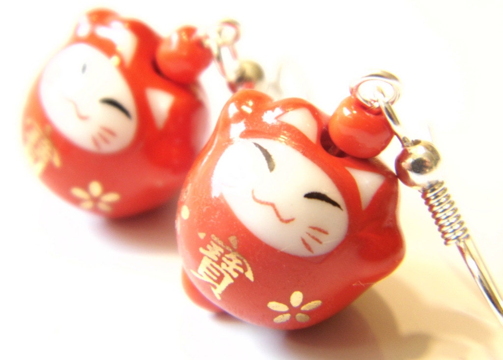 Red Neko Cat Porcelain Kawaii Earrings Beaded Jewellery